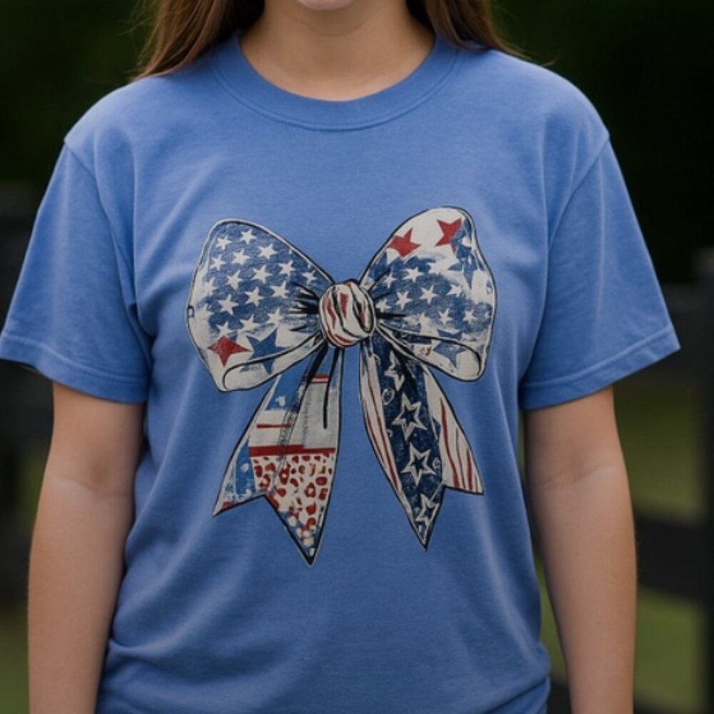 Comfort Colors Tee In Washed Denim With Girly Patriotic Red, White and Blue Bow.